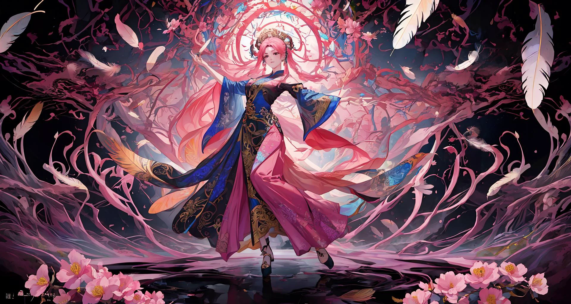 erjie, <lora:Threesister-erjiev2:0.2>,girl in a fluid and dynamic pose, wearing a loose, flowing pink dress, mysterious expression, curly black and pink hair, [Zhang Ziyi|Aishwarya Rai], in a modern and abstract setting, with bold and colorful abstract art, blurred background, bright lighting, official art, unity 8k wallpaper, (zentangle, mandala, tangle, entangle), intricate clothes,zhongfenghua <lora:zhongfenghua:0.2> <lora:oc_v10:0.1><lora:lowra_v10:0.2> <lyco:gpts4 lite dreamwave_278580:0.3>
(full body,from everywhere,masterpiece, top quality, best quality, official art, beautiful and aesthetic:1.2), extremely detailed,(fractal art:1.1),(colorful:1.1)(flowers:1.3),highest detailed,(zentangle:1.2), (dynamic pose), (abstract background:1.3), (shiny skin), (many colors:1.4), (feathers:1.5),  dynamic angle, the most beautiful form of chaos, elegant, a brutalist designed, vivid colours, romanticism,