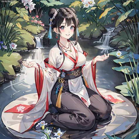 traditional chinese ink painting<lora:Moxin_10:0.25>,flower,butterfly, grass,dawn,near the lake,waterfall, trees, shukezouma<lora:Shukezouma-1.1:0.1>,1girl,erjie<lora:Threesister-erjiev2:0.4>,wearing hanfu <lora:hanfuTang_v32:0.25>, more cloth,breasts,sexy attire, perfect body, jewelry and necklace,[((correct fingers,beautiful hands))], earrings,happy, grin, (blush|cute and playful|adorable|skinny|thick bangs|beauty|twintail|short hair|hair bun,), [(full body,from everywhere,from below)], (ultra high res,photorealistic,realistic,best quality,photo-realistic), (high detailed skin,visible pores),(real person,photograph),realistic,, (8k, raw photo, best quality, masterpiece),photon mapping, radiosity, physically-based rendering,automatic white balance,watery eyes, (looking at viewer),(irises and pupils are rounded,the pupil reflects the surroundings,eyes are not the same size),