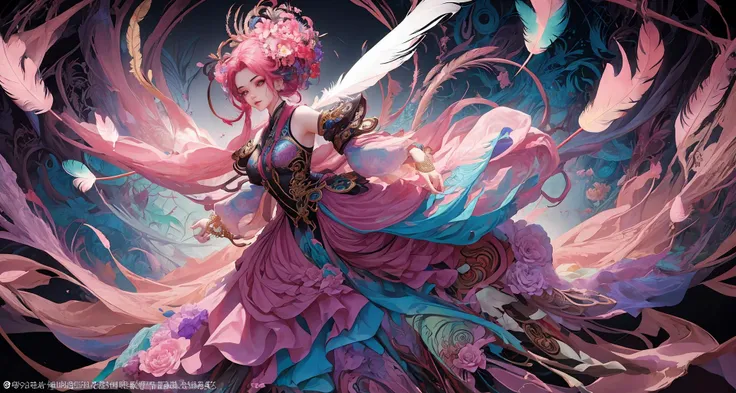 erjie, <lora:Threesister-erjiev2:0.2>,girl in a fluid and dynamic pose, wearing a loose, flowing pink dress, mysterious expression, curly black and pink hair, [Zhang Ziyi|Aishwarya Rai], in a modern and abstract setting, with bold and colorful abstract art, blurred background, bright lighting, official art, unity 8k wallpaper, (zentangle, mandala, tangle, entangle), intricate clothes,zhongfenghua <lora:zhongfenghua:0.2> <lora:oc_v10:0.1><lora:lowra_v10:0.2> <lyco:gpts4 lite dreamwave_278580:0.3>
(full body,from everywhere,masterpiece, top quality, best quality, official art, beautiful and aesthetic:1.2), extremely detailed,(fractal art:1.1),(colorful:1.1)(flowers:1.3),highest detailed,(zentangle:1.2), (dynamic pose), (abstract background:1.3), (shiny skin), (many colors:1.4), (feathers:1.5),  dynamic angle, the most beautiful form of chaos, elegant, a brutalist designed, vivid colours, romanticism,