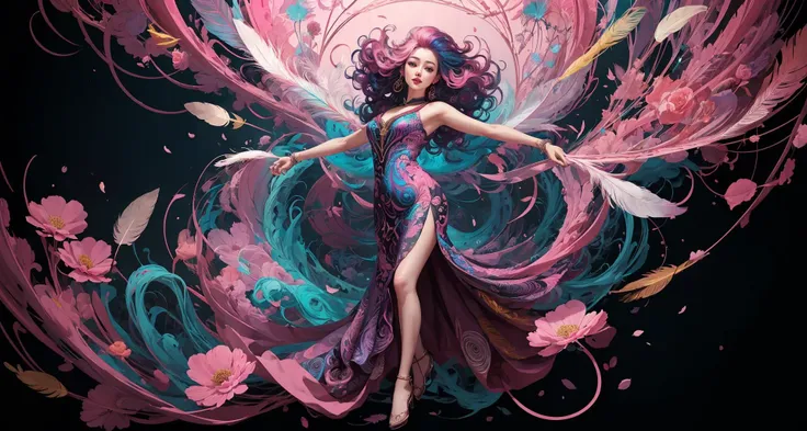 erjie, <lora:Threesister-erjiev2:0.2>,girl in a fluid and dynamic pose, wearing a loose, flowing pink dress, mysterious expression, curly black and pink hair, [Zhang Ziyi|Aishwarya Rai], in a modern and abstract setting, with bold and colorful abstract art, blurred background, bright lighting, official art, unity 8k wallpaper, (zentangle, mandala, tangle, entangle), intricate clothes,zhongfenghua <lora:zhongfenghua:0.2> <lora:oc_v10:0.1><lora:lowra_v10:0.2> <lyco:gpts4 lite dreamwave_278580:0.3>
(full body,from everywhere,masterpiece, top quality, best quality, official art, beautiful and aesthetic:1.2), extremely detailed,(fractal art:1.1),(colorful:1.1)(flowers:1.3),highest detailed,(zentangle:1.2), (dynamic pose), (abstract background:1.3), (shiny skin), (many colors:1.4), (feathers:1.5),  dynamic angle, the most beautiful form of chaos, elegant, a brutalist designed, vivid colours, romanticism,