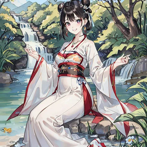 traditional chinese ink painting<lora:Moxin_10:0.25>,flower,butterfly, grass,dawn,near the lake,waterfall, trees, shukezouma<lora:Shukezouma-1.1:0.1>,1girl,erjie<lora:Threesister-erjiev2:0.4>,wearing hanfu <lora:hanfuTang_v32:0.25>, more cloth,breasts,sexy attire, perfect body, jewelry and necklace,[((correct fingers,beautiful hands))], earrings,happy, grin, (blush|cute and playful|adorable|skinny|thick bangs|beauty|twintail|short hair|hair bun,), [(full body,from everywhere,from below)], (ultra high res,photorealistic,realistic,best quality,photo-realistic), (high detailed skin,visible pores),(real person,photograph),realistic,, (8k, raw photo, best quality, masterpiece),photon mapping, radiosity, physically-based rendering,automatic white balance,watery eyes, (looking at viewer),(irises and pupils are rounded,the pupil reflects the surroundings,eyes are not the same size),