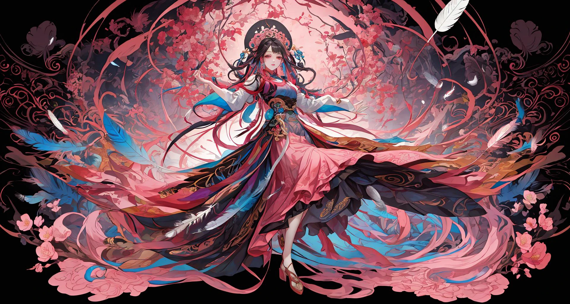 erjie, <lora:Threesister-erjiev2:0.2>,girl in a fluid and dynamic pose, wearing a loose, flowing pink dress, mysterious expression, curly black and pink hair, [Zhang Ziyi|Aishwarya Rai], in a modern and abstract setting, with bold and colorful abstract art, blurred background, bright lighting, official art, unity 8k wallpaper, (zentangle, mandala, tangle, entangle), intricate clothes,zhongfenghua <lora:zhongfenghua:0.2> <lora:oc_v10:0.1><lora:lowra_v10:0.2> <lyco:gpts4 lite dreamwave_278580:0.3>
(full body,from everywhere,masterpiece, top quality, best quality, official art, beautiful and aesthetic:1.2), extremely detailed,(fractal art:1.1),(colorful:1.1)(flowers:1.3),highest detailed,(zentangle:1.2), (dynamic pose), (abstract background:1.3), (shiny skin), (many colors:1.4), (feathers:1.5),  dynamic angle, the most beautiful form of chaos, elegant, a brutalist designed, vivid colours, romanticism,