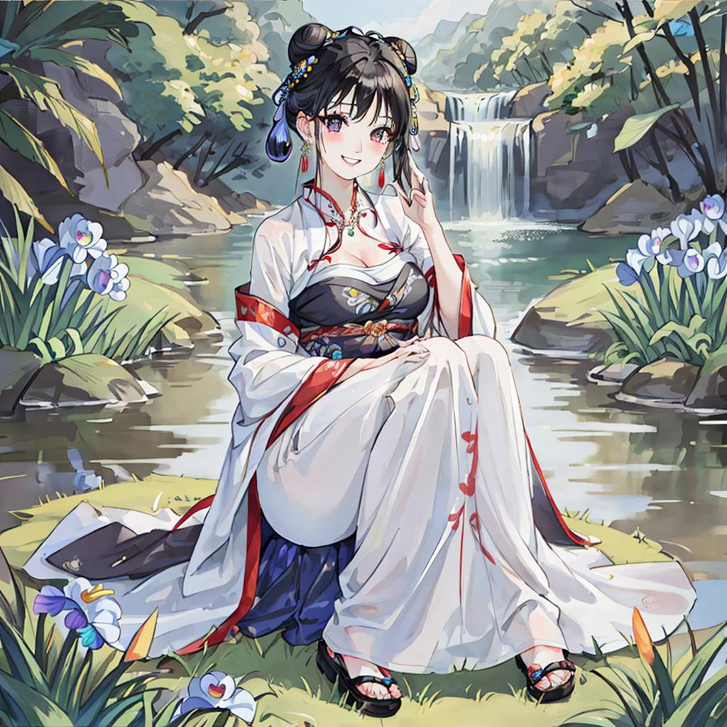 traditional chinese ink painting<lora:Moxin_10:0.25>,flower,butterfly, grass,dawn,near the lake,waterfall, trees, shukezouma<lora:Shukezouma-1.1:0.1>,1girl,erjie<lora:Threesister-erjiev2:0.4>,wearing hanfu <lora:hanfuTang_v32:0.25>, more cloth,breasts,sexy attire, perfect body, jewelry and necklace,[((correct fingers,beautiful hands))], earrings,happy, grin, (blush|cute and playful|adorable|skinny|thick bangs|beauty|twintail|short hair|hair bun,), [(full body,from everywhere,from below)], (ultra high res,photorealistic,realistic,best quality,photo-realistic), (high detailed skin,visible pores),(real person,photograph),realistic,, (8k, raw photo, best quality, masterpiece),photon mapping, radiosity, physically-based rendering,automatic white balance,watery eyes, (looking at viewer),(irises and pupils are rounded,the pupil reflects the surroundings,eyes are not the same size),