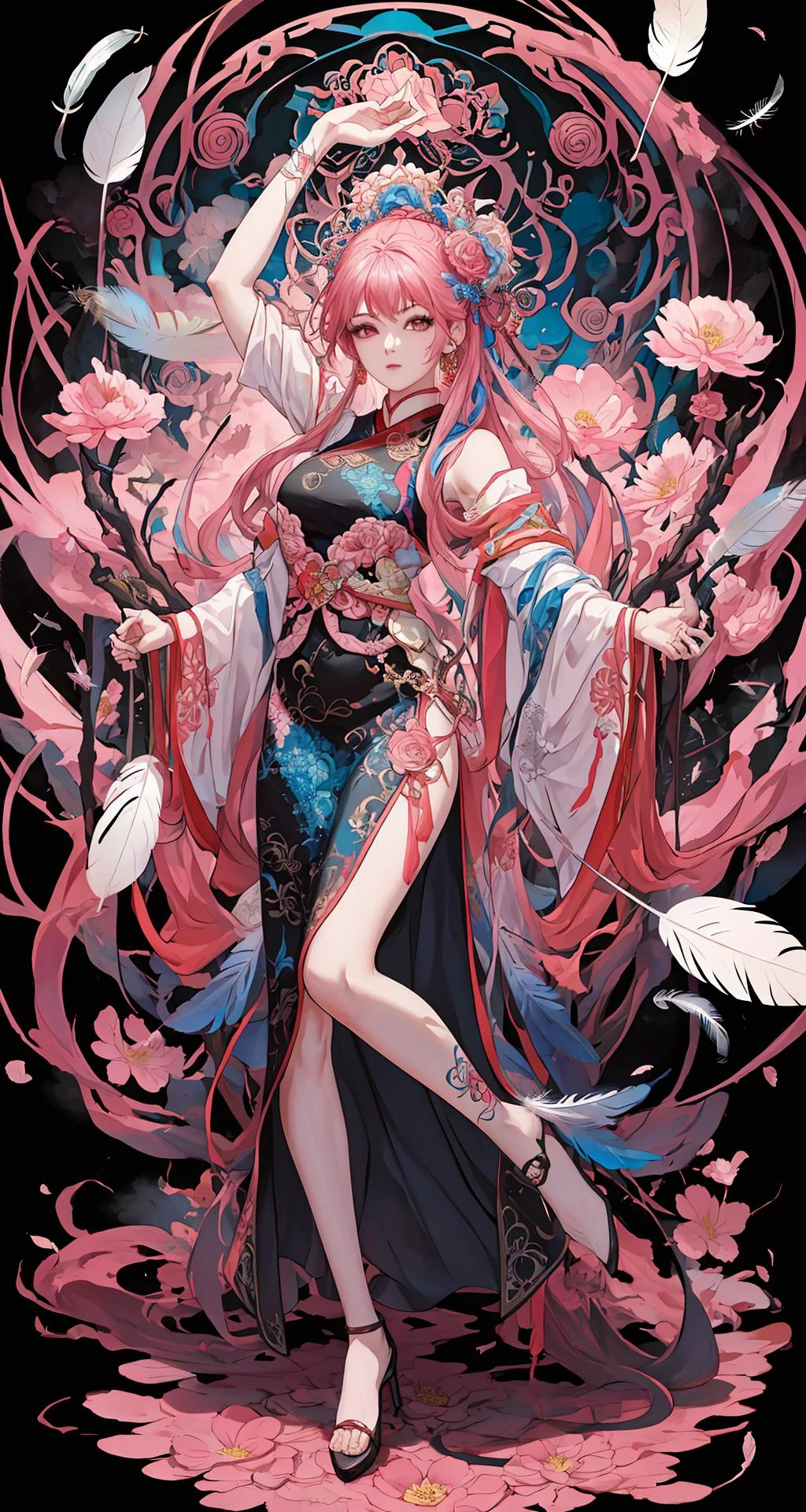 erjie, <lora:Threesister-erjiev2:0.2>,girl in a fluid and dynamic pose, wearing a loose, flowing pink dress, mysterious expression, curly black and pink hair, [Zhang Ziyi|Aishwarya Rai], in a modern and abstract setting, with bold and colorful abstract art, blurred background, bright lighting, official art, unity 8k wallpaper, (zentangle, mandala, tangle, entangle), intricate clothes,zhongfenghua <lora:zhongfenghua:0.2> <lora:oc_v10:0.1><lora:lowra_v10:0.2> <lyco:gpts4 lite dreamwave_278580:0.3>
(full body,from everywhere,masterpiece, top quality, best quality, official art, beautiful and aesthetic:1.2), extremely detailed,(fractal art:1.1),(colorful:1.1)(flowers:1.3),highest detailed,(zentangle:1.2), (dynamic pose), (abstract background:1.3), (shiny skin), (many colors:1.4), (feathers:1.5),  dynamic angle, the most beautiful form of chaos, elegant, a brutalist designed, vivid colours, romanticism,