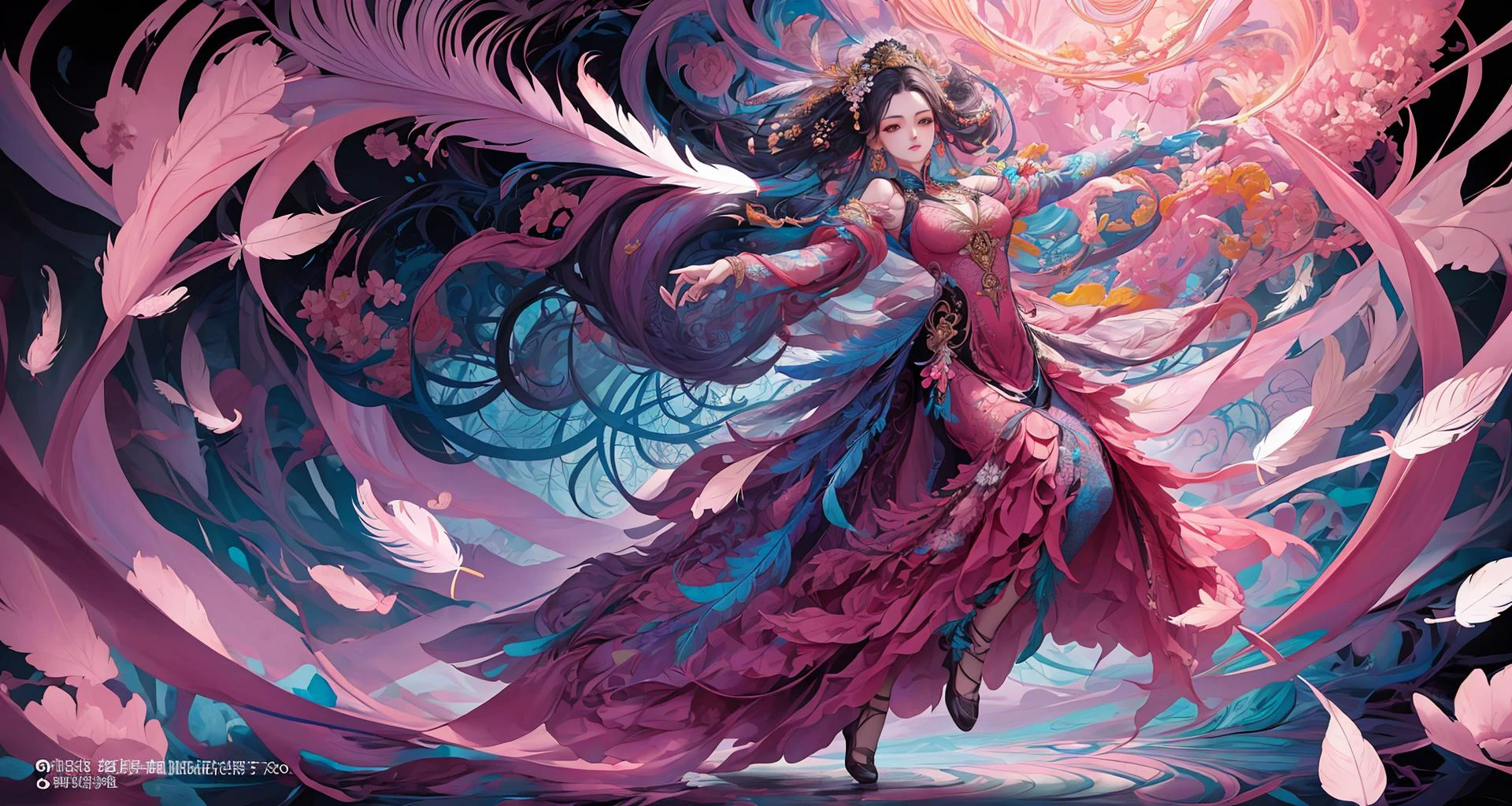 erjie, <lora:Threesister-erjiev2:0.2>,girl in a fluid and dynamic pose, wearing a loose, flowing pink dress, mysterious expression, curly black and pink hair, [Zhang Ziyi|Aishwarya Rai], in a modern and abstract setting, with bold and colorful abstract art, blurred background, bright lighting, official art, unity 8k wallpaper, (zentangle, mandala, tangle, entangle), intricate clothes,zhongfenghua <lora:zhongfenghua:0.2> <lora:oc_v10:0.1><lora:lowra_v10:0.2> <lyco:gpts4 lite dreamwave_278580:0.3>
(full body,from everywhere,masterpiece, top quality, best quality, official art, beautiful and aesthetic:1.2), extremely detailed,(fractal art:1.1),(colorful:1.1)(flowers:1.3),highest detailed,(zentangle:1.2), (dynamic pose), (abstract background:1.3), (shiny skin), (many colors:1.4), (feathers:1.5),  dynamic angle, the most beautiful form of chaos, elegant, a brutalist designed, vivid colours, romanticism,