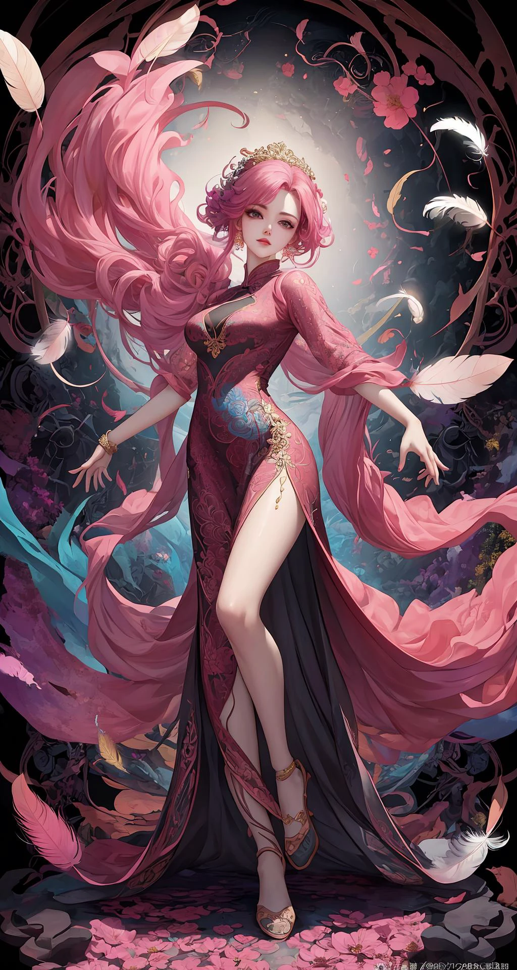 erjie, <lora:Threesister-erjiev2:0.2>,girl in a fluid and dynamic pose, wearing a loose, flowing pink dress, mysterious expression, curly black and pink hair, [Zhang Ziyi|Aishwarya Rai], in a modern and abstract setting, with bold and colorful abstract art, blurred background, bright lighting, official art, unity 8k wallpaper, (zentangle, mandala, tangle, entangle), intricate clothes,zhongfenghua <lora:zhongfenghua:0.2> <lora:oc_v10:0.1><lora:lowra_v10:0.2> <lyco:gpts4 lite dreamwave_278580:0.3>
(full body,from everywhere,masterpiece, top quality, best quality, official art, beautiful and aesthetic:1.2), extremely detailed,(fractal art:1.1),(colorful:1.1)(flowers:1.3),highest detailed,(zentangle:1.2), (dynamic pose), (abstract background:1.3), (shiny skin), (many colors:1.4), (feathers:1.5),  dynamic angle, the most beautiful form of chaos, elegant, a brutalist designed, vivid colours, romanticism,