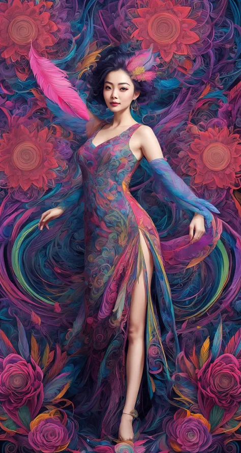 erjie, <lora:Threesister-erjiev2:0.2>,girl in a fluid and dynamic pose, wearing a loose, flowing pink dress, mysterious expression, curly black and pink hair, [Zhang Ziyi|Aishwarya Rai], in a modern and abstract setting, with bold and colorful abstract art, blurred background, bright lighting, official art, unity 8k wallpaper, (zentangle, mandala, tangle, entangle), intricate clothes,zhongfenghua <lora:zhongfenghua:0.2> <lora:oc_v10:0.1><lora:lowra_v10:0.2> <lyco:gpts4 lite dreamwave_278580:0.3>
(full body,from everywhere,masterpiece, top quality, best quality, official art, beautiful and aesthetic:1.2), extremely detailed,(fractal art:1.1),(colorful:1.1)(flowers:1.3),highest detailed,(zentangle:1.2), (dynamic pose), (abstract background:1.3), (shiny skin), (many colors:1.4), (feathers:1.5),  dynamic angle, the most beautiful form of chaos, elegant, a brutalist designed, vivid colours, romanticism,