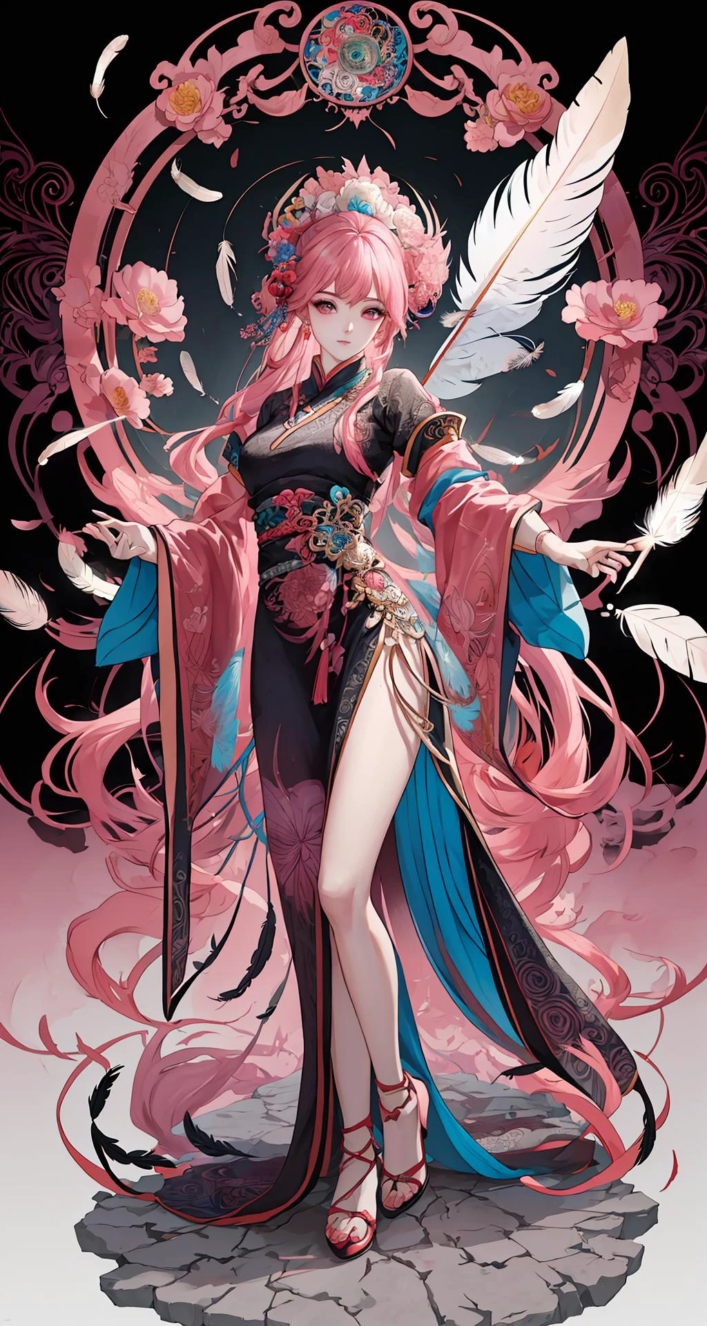 erjie, <lora:Threesister-erjiev2:0.2>,girl in a fluid and dynamic pose, wearing a loose, flowing pink dress, mysterious expression, curly black and pink hair, [Zhang Ziyi|Aishwarya Rai], in a modern and abstract setting, with bold and colorful abstract art, blurred background, bright lighting, official art, unity 8k wallpaper, (zentangle, mandala, tangle, entangle), intricate clothes,zhongfenghua <lora:zhongfenghua:0.2> <lora:oc_v10:0.1><lora:lowra_v10:0.2> <lyco:gpts4 lite dreamwave_278580:0.3>
(full body,from everywhere,masterpiece, top quality, best quality, official art, beautiful and aesthetic:1.2), extremely detailed,(fractal art:1.1),(colorful:1.1)(flowers:1.3),highest detailed,(zentangle:1.2), (dynamic pose), (abstract background:1.3), (shiny skin), (many colors:1.4), (feathers:1.5),  dynamic angle, the most beautiful form of chaos, elegant, a brutalist designed, vivid colours, romanticism,