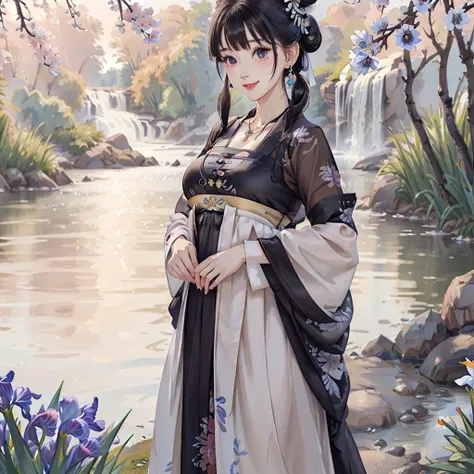 traditional chinese ink painting<lora:Moxin_10:0.25>,flower,butterfly, grass,dawn,near the lake,waterfall, trees, shukezouma<lora:Shukezouma-1.1:0.1>,1girl,erjie<lora:Threesister-erjiev2:0.4>,wearing hanfu <lora:hanfuTang_v32:0.25>, more cloth,breasts,sexy attire, perfect body, jewelry and necklace,[((correct fingers,beautiful hands))], earrings,happy, grin, (blush|cute and playful|adorable|skinny|thick bangs|beauty|twintail|short hair|hair bun,), [(full body,from everywhere,from below)], (ultra high res,photorealistic,realistic,best quality,photo-realistic), (high detailed skin,visible pores),(real person,photograph),realistic,, (8k, raw photo, best quality, masterpiece),photon mapping, radiosity, physically-based rendering,automatic white balance,watery eyes, (looking at viewer),(irises and pupils are rounded,the pupil reflects the surroundings,eyes are not the same size),