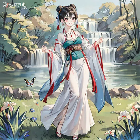 traditional chinese ink painting<lora:Moxin_10:0.25>,flower,butterfly, grass,dawn,near the lake,waterfall, trees, shukezouma<lora:Shukezouma-1.1:0.1>,1girl,erjie<lora:Threesister-erjiev2:0.4>,wearing hanfu <lora:hanfuTang_v32:0.25>, more cloth,breasts,sexy attire, perfect body, jewelry and necklace,[((correct fingers,beautiful hands))], earrings,happy, grin, (blush|cute and playful|adorable|skinny|thick bangs|beauty|twintail|short hair|hair bun,), [(full body,from everywhere,from below)], (ultra high res,photorealistic,realistic,best quality,photo-realistic), (high detailed skin,visible pores),(real person,photograph),realistic,, (8k, raw photo, best quality, masterpiece),photon mapping, radiosity, physically-based rendering,automatic white balance,watery eyes, (looking at viewer),(irises and pupils are rounded,the pupil reflects the surroundings,eyes are not the same size),