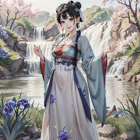 traditional chinese ink painting<lora:Moxin_10:0.25>,flower,butterfly, grass,dawn,near the lake,waterfall, trees, shukezouma<lora:Shukezouma-1.1:0.1>,1girl,erjie<lora:Threesister-erjiev2:0.4>,wearing hanfu <lora:hanfuTang_v32:0.25>, more cloth,breasts,sexy attire, perfect body, jewelry and necklace,[((correct fingers,beautiful hands))], earrings,happy, grin, (blush|cute and playful|adorable|skinny|thick bangs|beauty|twintail|short hair|hair bun,), [(full body,from everywhere,from below)], (ultra high res,photorealistic,realistic,best quality,photo-realistic), (high detailed skin,visible pores),(real person,photograph),realistic,, (8k, raw photo, best quality, masterpiece),photon mapping, radiosity, physically-based rendering,automatic white balance,watery eyes, (looking at viewer),(irises and pupils are rounded,the pupil reflects the surroundings,eyes are not the same size),