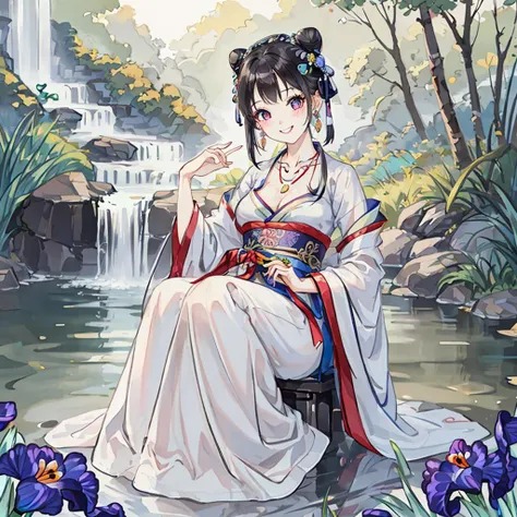 traditional chinese ink painting<lora:Moxin_10:0.25>,flower,butterfly, grass,dawn,near the lake,waterfall, trees, shukezouma<lora:Shukezouma-1.1:0.1>,1girl,erjie<lora:Threesister-erjiev2:0.4>,wearing hanfu <lora:hanfuTang_v32:0.25>, more cloth,breasts,sexy attire, perfect body, jewelry and necklace,[((correct fingers,beautiful hands))], earrings,happy, grin, (blush|cute and playful|adorable|skinny|thick bangs|beauty|twintail|short hair|hair bun,), [(full body,from everywhere,from below)], (ultra high res,photorealistic,realistic,best quality,photo-realistic), (high detailed skin,visible pores),(real person,photograph),realistic,, (8k, raw photo, best quality, masterpiece),photon mapping, radiosity, physically-based rendering,automatic white balance,watery eyes, (looking at viewer),(irises and pupils are rounded,the pupil reflects the surroundings,eyes are not the same size),
