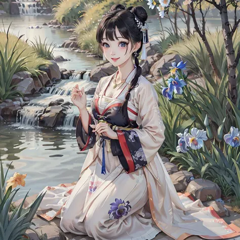 traditional chinese ink painting<lora:Moxin_10:0.25>,flower,butterfly, grass,dawn,near the lake,waterfall, trees, shukezouma<lora:Shukezouma-1.1:0.1>,1girl,erjie<lora:Threesister-erjiev2:0.4>,wearing hanfu <lora:hanfuTang_v32:0.25>, more cloth,breasts,sexy attire, perfect body, jewelry and necklace,[((correct fingers,beautiful hands))], earrings,happy, grin, (blush|cute and playful|adorable|skinny|thick bangs|beauty|twintail|short hair|hair bun,), [(full body,from everywhere,from below)], (ultra high res,photorealistic,realistic,best quality,photo-realistic), (high detailed skin,visible pores),(real person,photograph),realistic,, (8k, raw photo, best quality, masterpiece),photon mapping, radiosity, physically-based rendering,automatic white balance,watery eyes, (looking at viewer),(irises and pupils are rounded,the pupil reflects the surroundings,eyes are not the same size),