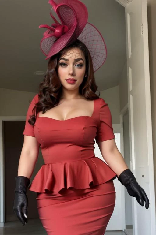 <lora:Meg-c:0.8> Meg Griffin, pawg, shortstack <lora:Outfit_PEPLUMVintageSuitDress:0.8> PEPLUM, dr3ss, dress, suit, fascinator, gloves