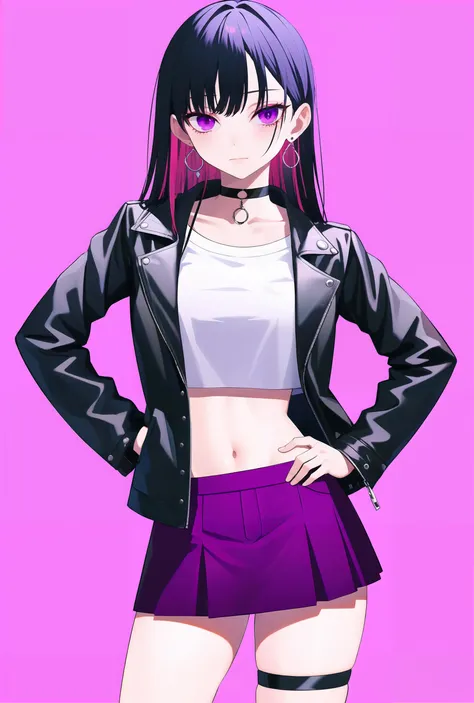 (masterpiece:1.4), 1girl, solo, skirt, jacket, black jacket, pink background, black hair, simple background, choker, leather, long hair, earrings, leather jacket, thigh strap, multicolored hair, jewelry, hand on hip, shirt, open jacket, midriff, cowboy shot, colored inner hair, bangs, white shirt, black choker, miniskirt, purple skirt, open clothes, purple eyes, long sleeves, breasts, two-tone hair, looking at viewer, standing, closed mouth, pink hair, hand up, crop top, looking to the side