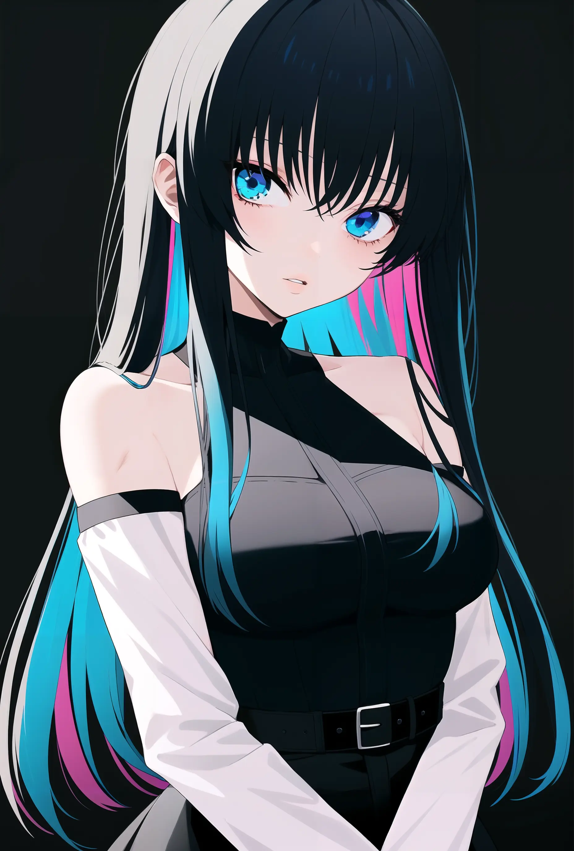 (masterpiece:1.4), 1girl, solo, blue eyes, long hair, looking at viewer, black background, long sleeves, spot color, bangs, dress, bare shoulders, blue hair, parted lips, belt, multicolored hair