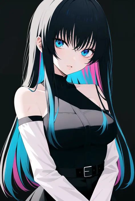 (masterpiece:1.4), 1girl, solo, blue eyes, long hair, looking at viewer, black background, long sleeves, spot color, bangs, dress, bare shoulders, blue hair, parted lips, belt, multicolored hair