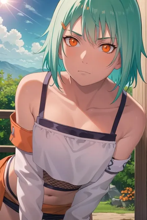 kunoichifuu, <lora:kunoichi fuu-lora-nochekaiser:1>,
fuu, short hair, hair ornament, (orange eyes:1.3), hairclip, aqua hair,
BREAK skirt, navel, detached sleeves, midriff, crop top, fishnets, bare shoulders, collarbone,
BREAK outdoors, forest, nature, trees, grass, sky, clouds, sun,
BREAK looking at viewer, (cowboy shot:1.5),
BREAK <lyco:GoodHands-beta2:1>, (masterpiece:1.2), best quality, high resolution, unity 8k wallpaper, (illustration:0.8), (beautiful detailed eyes:1.6), extremely detailed face, perfect lighting, extremely detailed CG, (perfect hands, perfect anatomy),