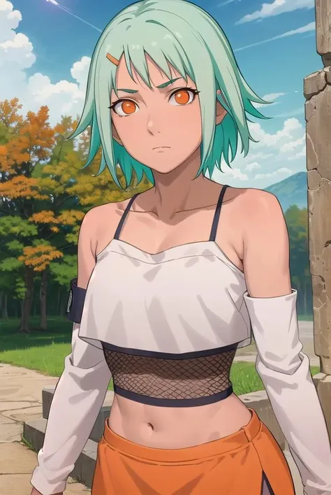 kunoichifuu, <lora:kunoichi fuu-lora-nochekaiser:1>,
fuu, short hair, hair ornament, (orange eyes:1.3), hairclip, aqua hair,
BREAK skirt, navel, detached sleeves, midriff, crop top, fishnets, bare shoulders, collarbone,
BREAK outdoors, forest, nature, trees, grass, sky, clouds, sun,
BREAK looking at viewer, (cowboy shot:1.5),
BREAK <lyco:GoodHands-beta2:1>, (masterpiece:1.2), best quality, high resolution, unity 8k wallpaper, (illustration:0.8), (beautiful detailed eyes:1.6), extremely detailed face, perfect lighting, extremely detailed CG, (perfect hands, perfect anatomy),
