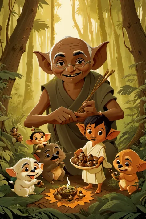 <lora:Tom_Whalen_XL:1> poster by tom whalen, <lora:Johan_Potma_Art_Style_SDXL:1> art by Johan Potma, potma style,  Mahatma Gandhi feeding  kawaii Ewoks in the forest, sharp focus, ethereal, contrast, highly detailed