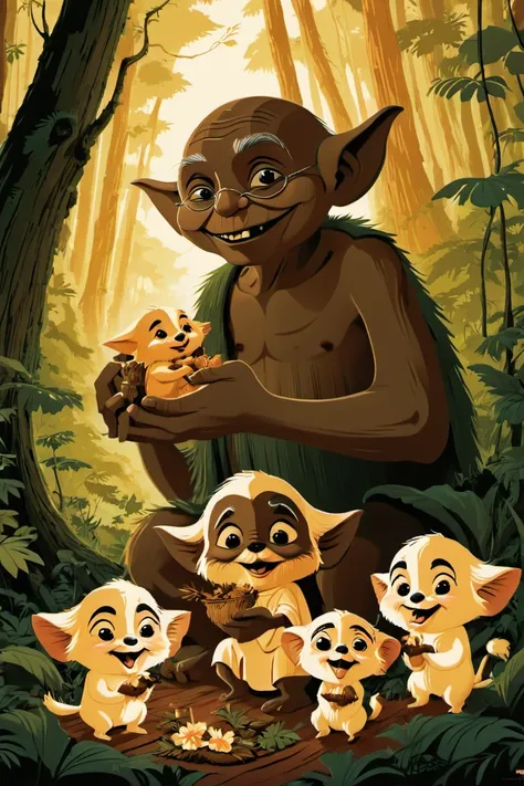 <lora:Tom_Whalen_XL:1> poster by tom whalen, <lora:Johan_Potma_Art_Style_SDXL:1> art by Johan Potma, potma style, Mahatma Gandhi feeding kawaii Ewoks in the forest, sharp focus, ethereal, contrast, highly detailed