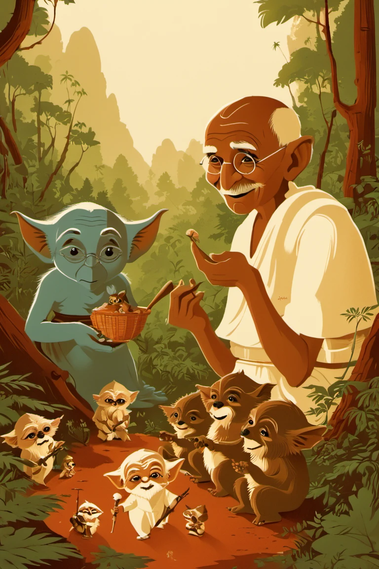 <lora:Tom_Whalen_XL:1> poster by tom whalen, <lora:Johan_Potma_Art_Style_SDXL:1> art by Johan Potma, potma style, Mahatma Gandhi feeding kawaii Ewoks in the forest, sharp focus, ethereal, contrast, highly detailed