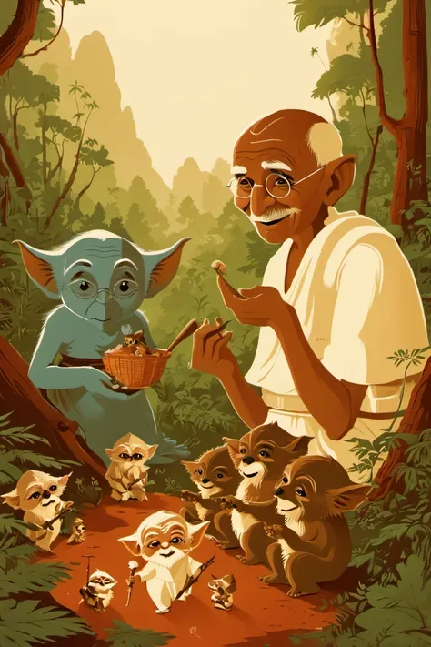 <lora:Tom_Whalen_XL:1> poster by tom whalen, <lora:Johan_Potma_Art_Style_SDXL:1> art by Johan Potma, potma style,  Mahatma Gandhi feeding  kawaii Ewoks in the forest, sharp focus, ethereal, contrast, highly detailed