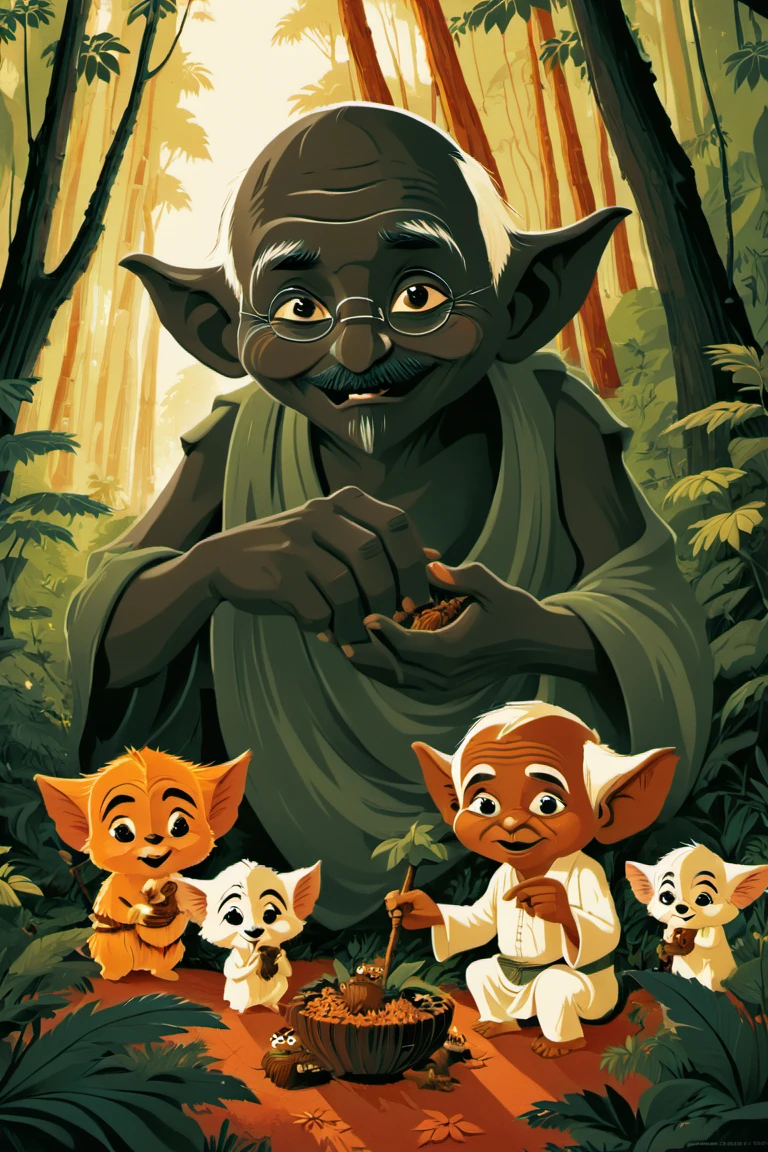 <lora:Tom_Whalen_XL:1> poster by tom whalen, <lora:Johan_Potma_Art_Style_SDXL:1> art by Johan Potma, potma style, Mahatma Gandhi feeding kawaii Ewoks in the forest, sharp focus, ethereal, contrast, highly detailed