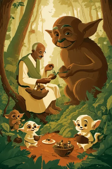 <lora:Tom_Whalen_XL:1> poster by tom whalen, <lora:Johan_Potma_Art_Style_SDXL:1> art by Johan Potma, potma style, Mahatma Gandhi feeding kawaii Ewoks in the forest, sharp focus, ethereal, contrast, highly detailed