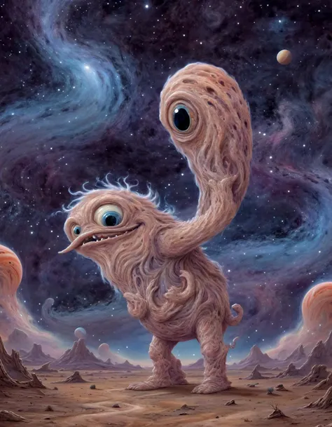 donald trump creature in outer space, celestial adventures, and intergalactic friendships. Nebulaic clouds, cosmic swirls, and extraterrestrial landscapes. Infuse Potma's playful cosmic themes into your artwork featuring adorable and fluffy extraterrestrial beings.,(potma style:1.05), detailed, ,