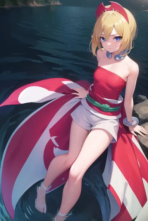 pokemonirida, <lora:pokemonirida-lora-nochekaiser:1>,
pokemonirida, blonde hair, blue eyes, hair between eyes, medium hair, (small breasts:1.2),
BREAK bracelet, hat, jewelry, neck ring, red headwear, red shirt, sash, shirt, shorts, strapless, strapless shirt, waist cape, white shorts,
BREAK looking at viewer, (full body:1.2),
BREAK outdoors, city, sky,
BREAK <lyco:GoodHands-beta2:1>, (masterpiece:1.2), best quality, high resolution, unity 8k wallpaper, (illustration:0.8), (beautiful detailed eyes:1.6), extremely detailed face, perfect lighting, extremely detailed CG, (perfect hands, perfect anatomy),