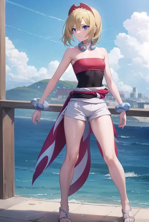 pokemonirida, <lora:pokemonirida-lora-nochekaiser:1>,
pokemonirida, blonde hair, blue eyes, hair between eyes, medium hair, (small breasts:1.2),
BREAK bracelet, hat, jewelry, neck ring, red headwear, red shirt, sash, shirt, shorts, strapless, strapless shirt, waist cape, white shorts,
BREAK looking at viewer, (full body:1.2),
BREAK outdoors, city, sky,
BREAK <lyco:GoodHands-beta2:1>, (masterpiece:1.2), best quality, high resolution, unity 8k wallpaper, (illustration:0.8), (beautiful detailed eyes:1.6), extremely detailed face, perfect lighting, extremely detailed CG, (perfect hands, perfect anatomy),