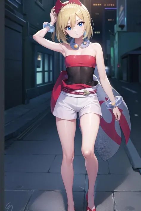 pokemonirida, <lora:pokemonirida-lora-nochekaiser:1>,
pokemonirida, blonde hair, blue eyes, hair between eyes, medium hair, (small breasts:1.2),
BREAK bracelet, hat, jewelry, neck ring, red headwear, red shirt, sash, shirt, shorts, strapless, strapless shirt, waist cape, white shorts,
BREAK looking at viewer, (full body:1.2),
BREAK outdoors, city, sky,
BREAK <lyco:GoodHands-beta2:1>, (masterpiece:1.2), best quality, high resolution, unity 8k wallpaper, (illustration:0.8), (beautiful detailed eyes:1.6), extremely detailed face, perfect lighting, extremely detailed CG, (perfect hands, perfect anatomy),