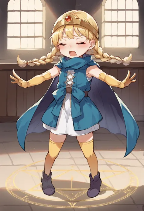 1girl, solo, <lora:veronica dq11PonyXL:0.8> blonde hair, long hair, twin braids, indoors, outstretched arms, closed eyes, expresionless, open mouth, holy maigc, magic circle, light magic, church, flat chest, shortstack, belt, buckle, cape, capelet, circlet, cloak, dress, elbow gloves, gloves, scarf, short dress, sleeveless, sleeveless dress, thighhighs, yellow gloves,<lora:dq-sage-ponyxl-lora-nochekaiser:1>, score_9, score_8_up, score_7_up, score_6_up, score_5_up, score_4_up, BREAK source_anime, masterpiece
