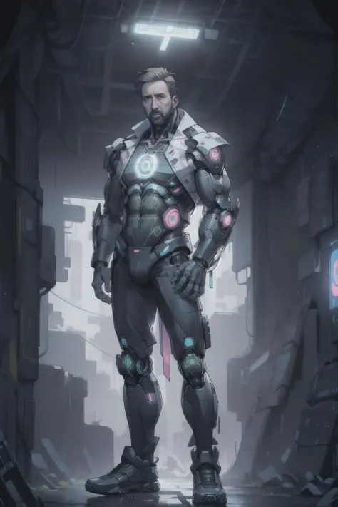 masterpiece, best quality, (1 man), (male), (nicolas cage:1)+, ((full body view)), strong pose, slim tall man, long hair, (black suit:0.6)+, armored upper body, boots, (cyberpunk style:1.2)++, scifi, futuristic, (mechanical arms:1), (((looking at viewer))), (hologram, plants:0.7), led lamp, cybercityscape, monitors, futuristic car, (neon colors,  blue, pink, green, yellow:1), advntr, <lora:Futuristicbot4:0.6>, <lora:[LoRa] Clearlight æ¸å Concept (With multires noise version):1>