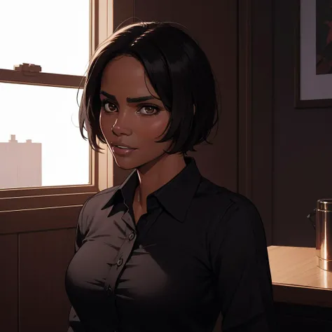Best_QualityPos, RAW photo, intricate details, best quality, 8k uhd, soft lighting, 1girl, solo, halle berry, brown eyes, black hair, short hair, dark skin, black collared shirt <lora:Halle_Berry:0.5> <lora:backlight_slider_v10:-0.5>