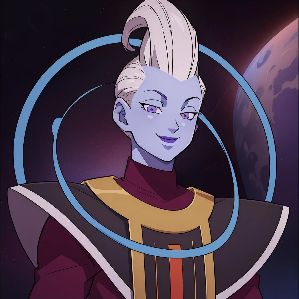 Best_QualityPos, RAW photo, intricate details, best quality, 8k uhd, soft lighting, in space, 1boy, solo, white hair, blue skin, colored skin, purple eyes, purple lips, smile <lora:WhisV2:0.7>
