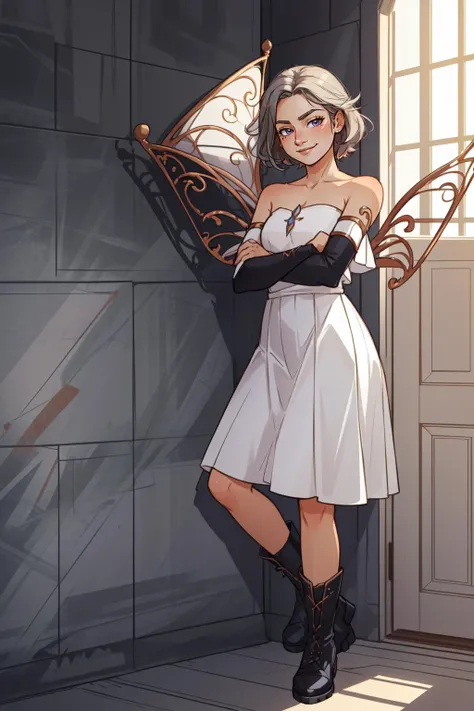 (masterpiece, best quality), intricate details,
1girl, <lora:KitsuneAi-KosekiBijou-LoCon32-V0_5-000008:0.8> koseki bijou, white dress, detached sleeves, bare shoulders, wings, strapless, crystal, collarbone, short sleeves, white sleeves, strapless dress, boots
leaning against wall, indoors, smug, smirk,