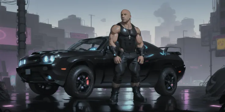 Imagine a scene set in a futuristic cyberpunk world where Vin Diesel portrays an android. He's standing outside on a sunny day with a clear blue sky and fluffy clouds in the background. Vin Diesel is dressed in a white tank top, black long pants, and black boots. He wears a cross necklace around his neck and has striking mechanical arms that are fully visible in the shot. He's leaning against a sleek black Challenger car, and the scene is bathed in neon lights that cast a vibrant glow. The setting features a well-lit mechanic's workshop, adding an industrial and gritty ambiance to the scene. Capture Vin Diesel in a full-body view, with a focus on his cybernetic enhancements and the futuristic cityscape around him, <lora:android-seams:1>