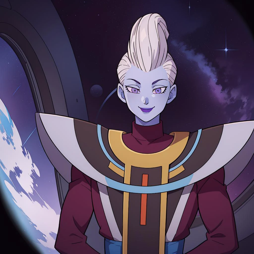 Best_QualityPos, RAW photo, intricate details, best quality, 8k uhd, soft lighting, in space, 1boy, solo, white hair, blue skin, colored skin, purple eyes, purple lips, smile <lora:WhisV2:0.7>