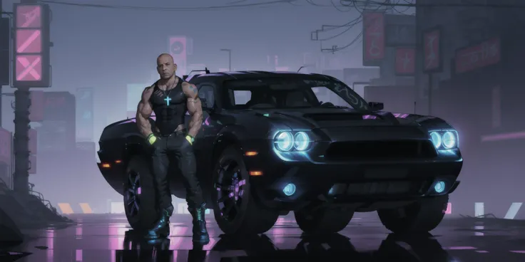 Create a captivating digital artwork featuring Vin Diesel in a cyberpunk setting. Vin Diesel should be portrayed as an android, wearing a white tank top and a cross necklace, paired with black boots and long pants. He should be standing beside a sleek black Challenger car with neon accents. The scene should be set on a sunny day with a bright blue sky and fluffy clouds. The android Vin Diesel should have mechanical arms, and the artwork should showcase a full body view. The cyberpunk atmosphere should be enhanced with neon lights, and the lighting should highlight the mechanical details effectively, <lora:android-seams:1>