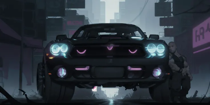 Create a captivating digital artwork featuring Vin Diesel in a cyberpunk setting. Vin Diesel should be portrayed as an android, wearing a white tank top and a cross necklace, paired with black boots and long pants. He should be standing beside a sleek black Challenger car with neon accents. The scene should be set on a sunny day with a bright blue sky and fluffy clouds. The android Vin Diesel should have mechanical arms, and the artwork should showcase a full body view. The cyberpunk atmosphere should be enhanced with neon lights, and the lighting should highlight the mechanical details effectively, <lora:android-seams:1>