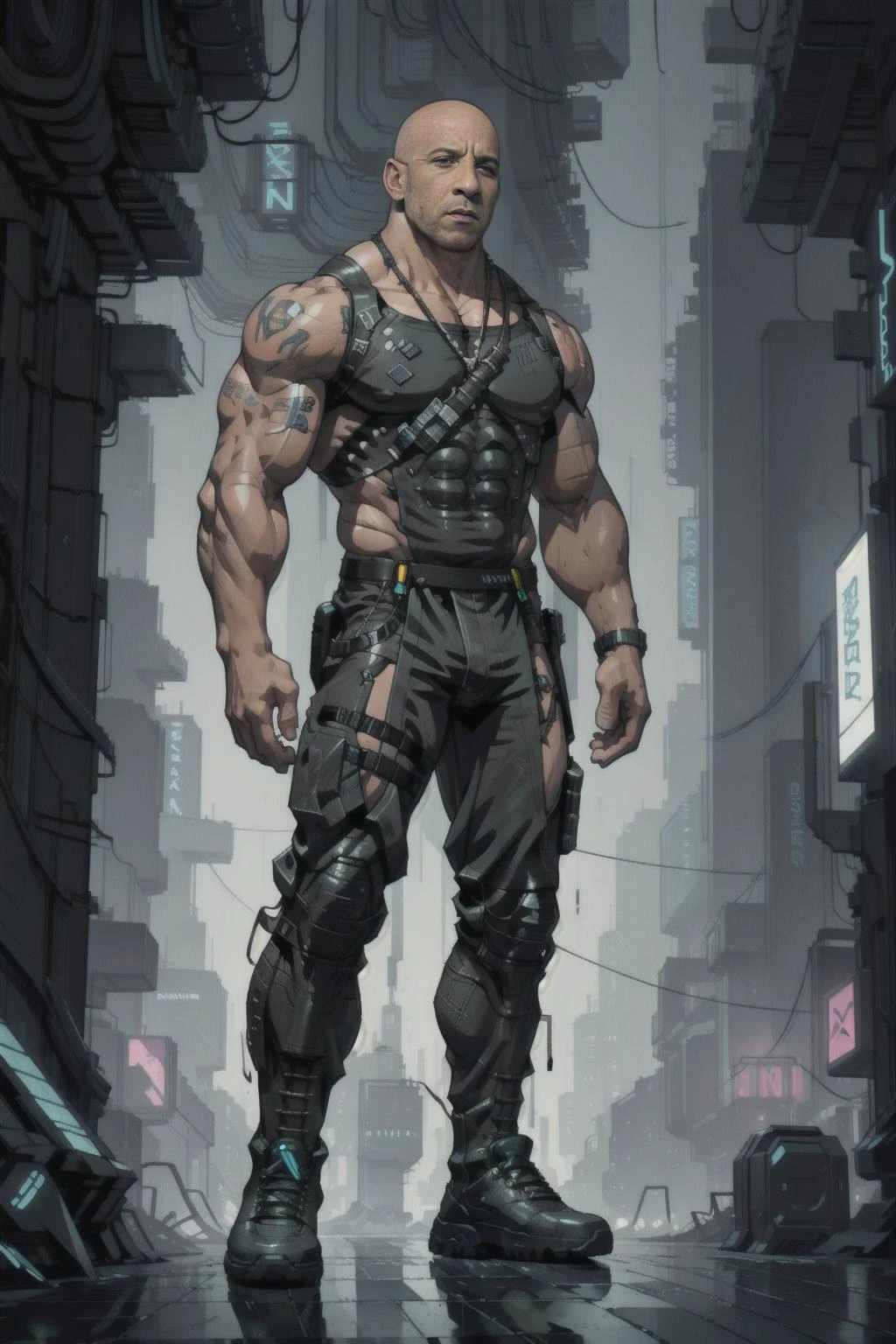 masterpiece, best quality, (1 man), (male), (Vin Diesel:1)+, ((full body view)), strong pose, (white pupil:1)+++, muscular man, boots, cross neclace, (cyberpunk style:1), (looking at viewer:0.6), cyberpunk cityscape, monitors, advntr, <lora:android-seams:0.4>, <lora:battleCars_v2:1>, <lora:urbansamurai_v0.3:0.4>