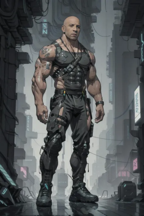 masterpiece, best quality, (1 man), (male), (Vin Diesel:1)+, ((full body view)), strong pose, (white pupil:1)+++, muscular man, boots, cross neclace, (cyberpunk style:1),  (looking at viewer:0.6), cyberpunk cityscape, monitors, advntr,  <lora:android-seams:0.4>,  <lora:battleCars_v2:1>,  <lora:urbansamurai_v0.3:0.4>