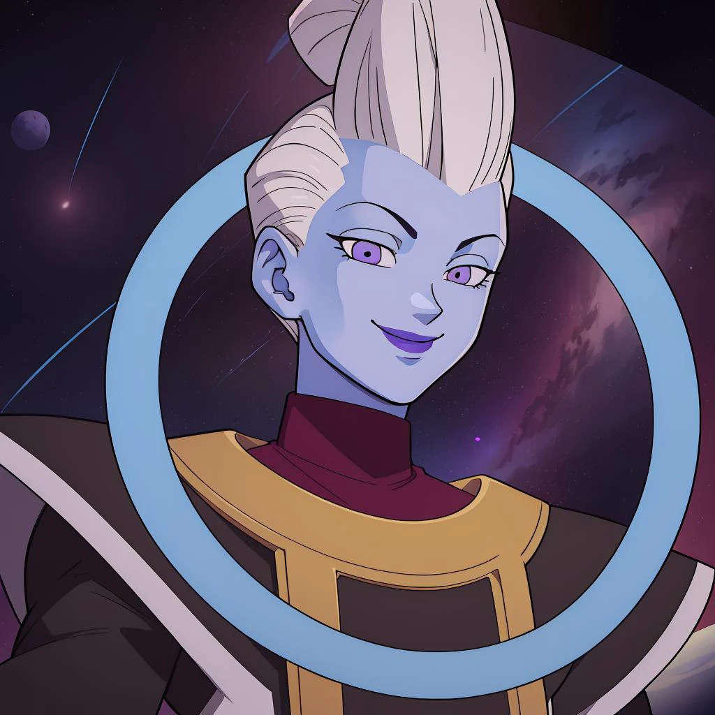 Best_QualityPos, RAW photo, intricate details, best quality, 8k uhd, soft lighting, in space, 1boy, solo, white hair, blue skin, colored skin, purple eyes, purple lips, smile <lora:WhisV2:0.7>