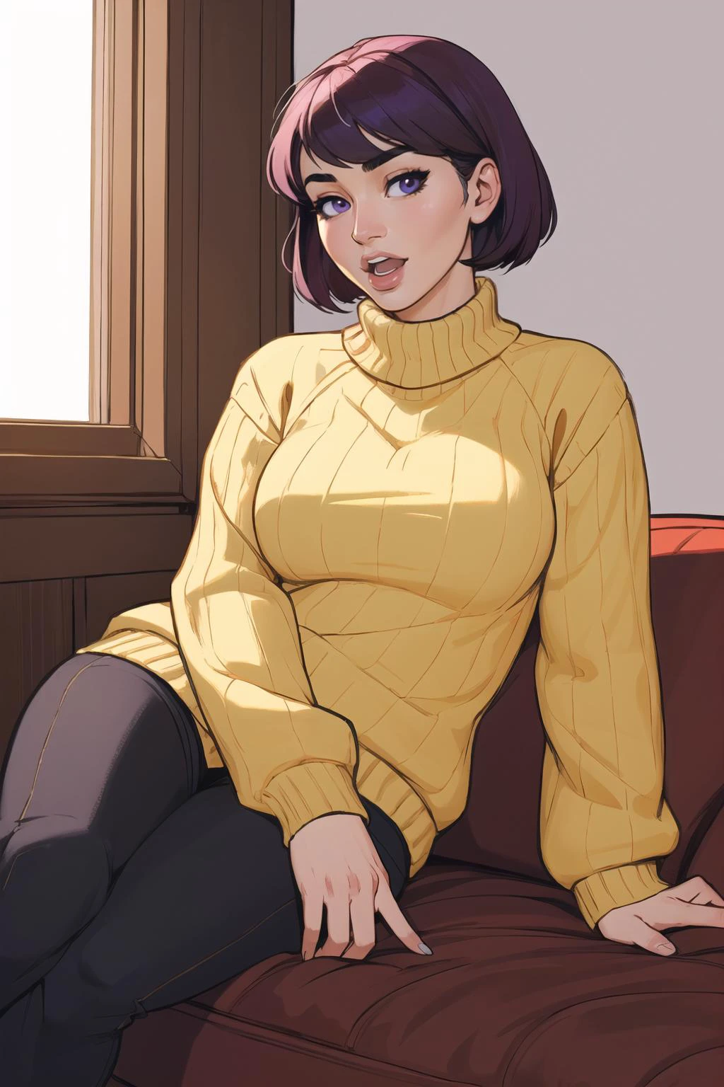seductive drawing of caylee cowan, sitting down, leaning against the window, in the style of ilya kuvshinov ichigo, looking at viewer, no humans, open mouth, photoshop medium, purple eyes, short hair, simple background, sketch, solo, sweater, white background, white sweater, yellow sweater, yurucampybara salomeau, zzzzkylizhnyu, zipper pull tabard, zzzery