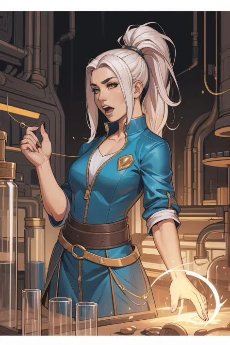 a league of legends concept art of a beautiful young female scientist in a laboratory holding in her hands a small black hole, art by cushart krentz, ponytail, elegant, sharp focus, morandi color scheme, illustration, high quality, highly detailed, digital art, hyperrealism izumi leagueof legends, official art, open mouth, red eyes, solo, teeth, upper body, white hair, yellow eyes, zzz zzz zhiyan, zipper pull tabard