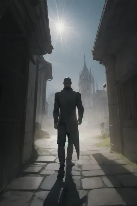 shadows in the mist, comic style, sharp focus, immersive, sunshine rays
