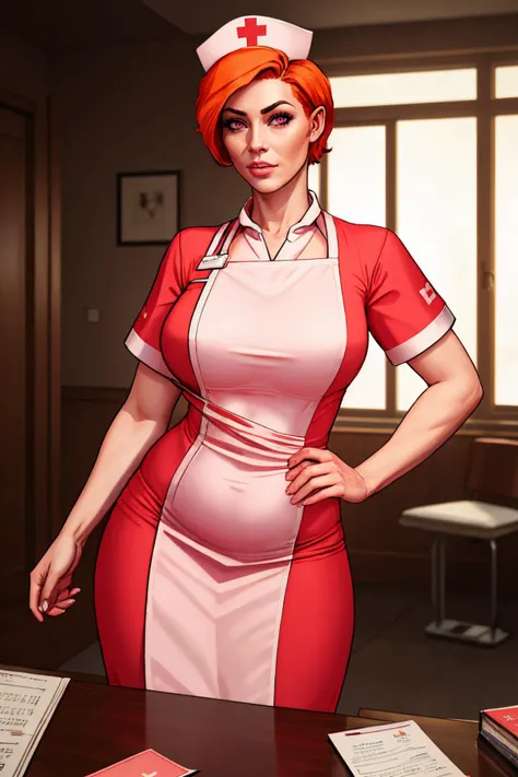 (high quality, best quality, highres, absurdres, sharp focus, masterpiece:1.2), (old :1), (1girl, woman, naughty face:1.1), (nurse, wearing nurse costume:1.1), (pink_eyes:1), (orange_hair, short_hair, alternate_hairstyle:1), (curvy body:1), (city:1.1),