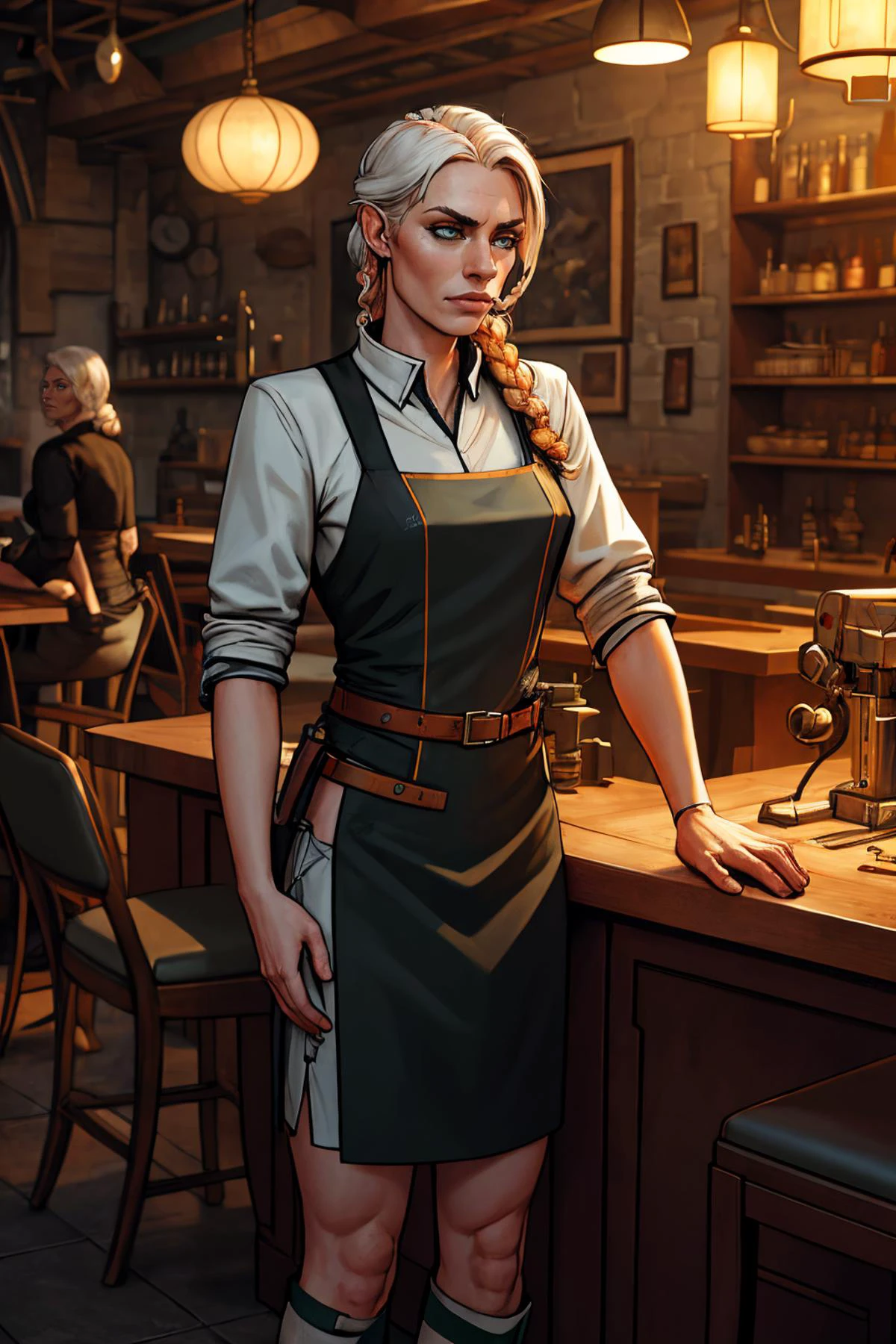 (high quality, best quality, highres, absurdres, sharp focus, masterpiece:1.2), (futuristic ireland, irish, ginger:1), (1girl, woman, exhausted face:1.1), (tinkerer, wearing casual clothes, mechanical clutter:1.1), (slit_pupils:1), (white_hair, short_hair, braided_hair:1), (petite body:1), (restaurant:1.1),